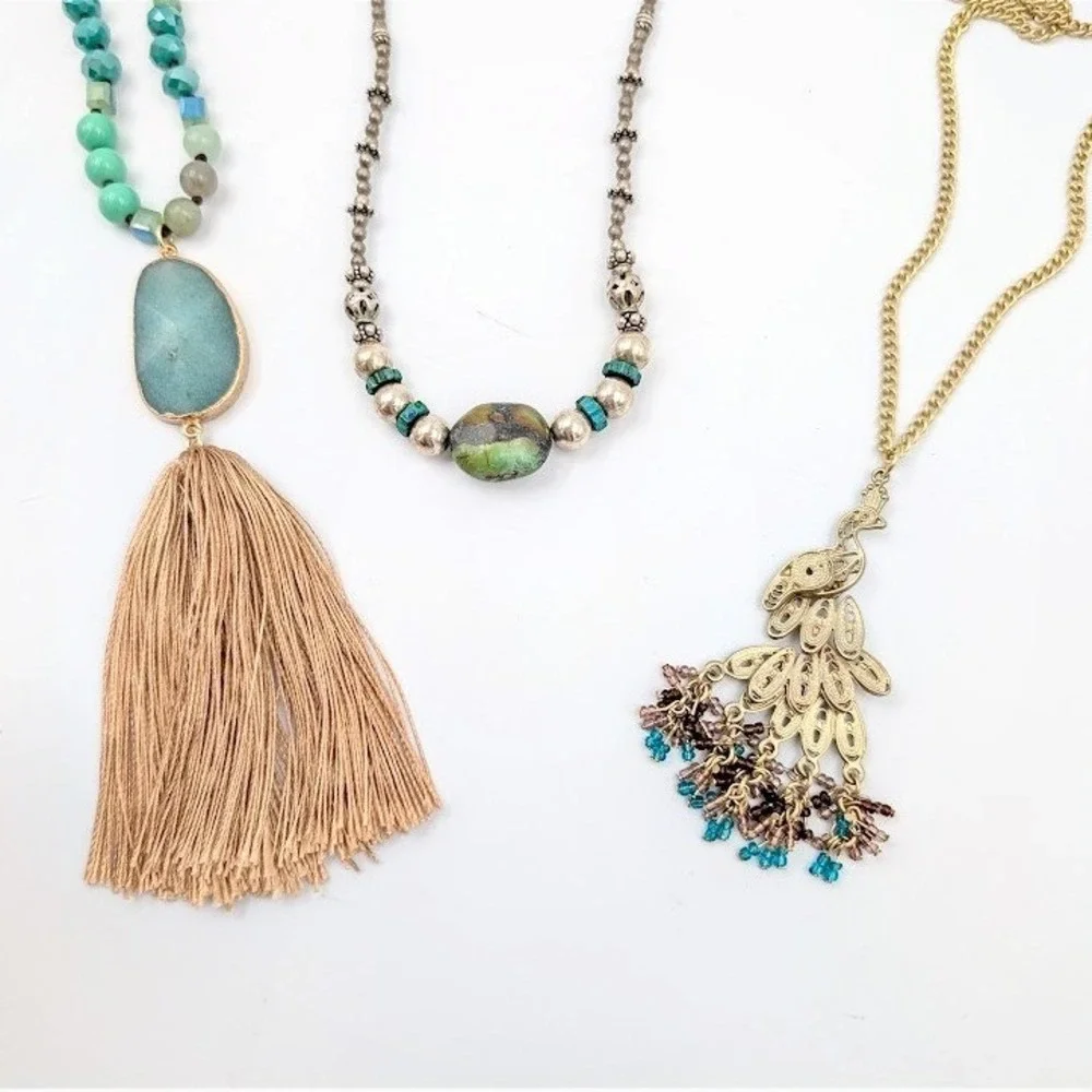 Boho Statement Necklace Lot Set of 3 Turquoise Color Bead Tassel Peacock Pendant